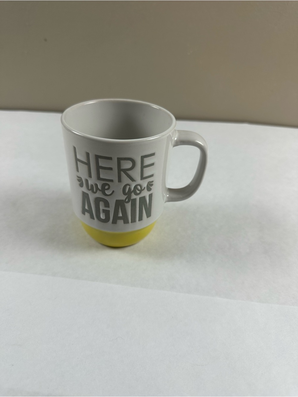 Boston Warehouse White Ceramic Mug with Yellow Base and Gray Lettering